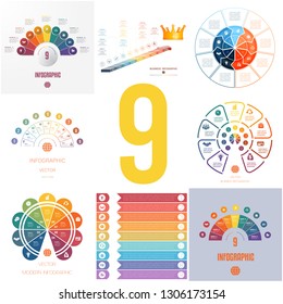 Set 8 universal templates elements for Infographics conceptual cyclic processes for 9 positions possible to use for workflow, banner, diagram, web design, timeline, area chart,number options