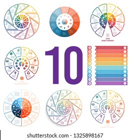 Set 8 universal templates for Infographics conceptual cyclic processes for 10 positions possible to use for diagram, web design, timeline, area chart,number options.