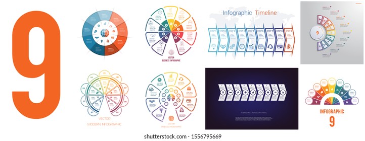 Set 8 universal templates for Infographics conceptual cyclic processes for 9 positions possible to use for workflow, banner, diagram, web design, timeline, area chart,number options