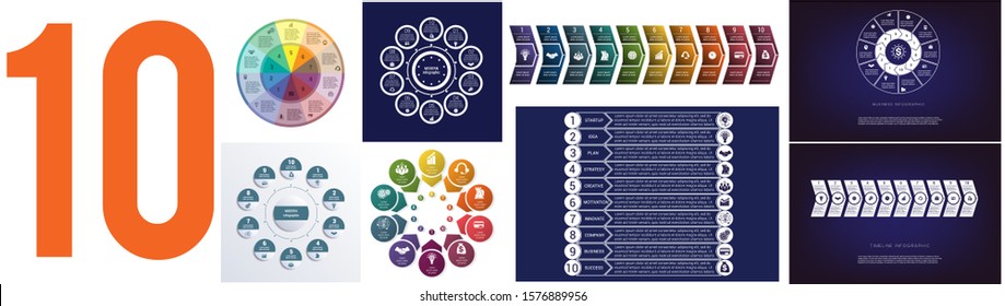 Set 8 universal templates for Infographics conceptual cyclic processes for 10 positions possible to use for workflow, banner, diagram, web design, timeline, area chart,number options