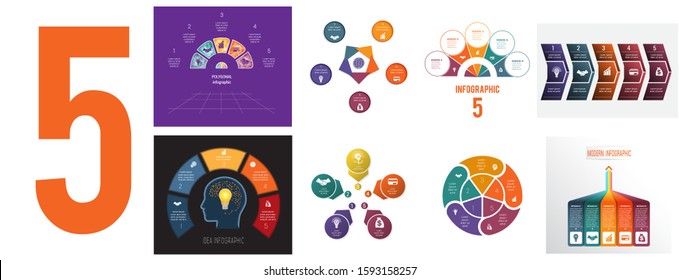 Set 8 universal templates for Infographics conceptual cyclic processes for 5 positions possible to use for workflow, banner, diagram, web design, timeline, area chart,number options