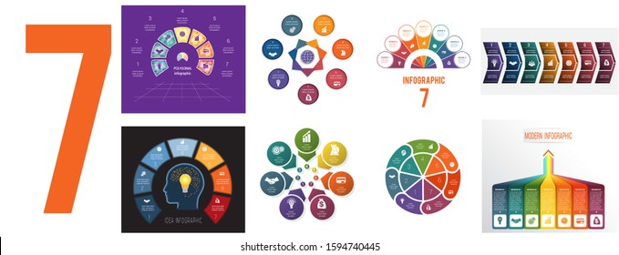 Set 8 universal templates for Infographics conceptual cyclic processes for 7 positions possible to use for workflow, banner, diagram, web design, timeline, area chart,number options