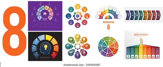 Set 8 universal templates for Infographics conceptual cyclic processes for 8 positions possible to use for workflow, banner, diagram, web design, timeline, area chart,number options