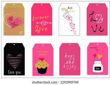 A set of 8 valentine day cute gift tags. Vector.