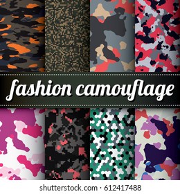 Set of 8 various colorful camouflage vector patterns