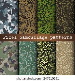 Set of 8 various pixel camouflage patterns vector