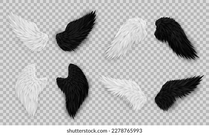 Set of 8 various realistic wings isolated on transparent background. 3D white angel wings and dark devil, daemon wings. Heaven and hell, good and evil concept. Festival, masquerade, carnival costume.  svg