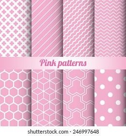 Set of 8 various romantic pink vector patterns including polka dot, zigzag, isometric cubes, hexagons, tridents and stripes