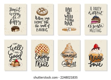 Set of 8 vector bakery posters with hand drawn unique funny lettering design element for kitchen decoration, prints and advertising cafe wall art. Engraved sketch of cupcake, pancakes, pie, croissant.