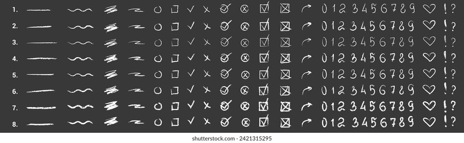 Set of 8 Vector Charcoal Crayon Brushes and rough strokes. Hand drawn chalk pencil smears. White Scribble on a black background. Isolated scrawl elements. Saved in the palette