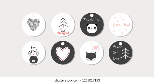 Set of 8 vector circled tags with animals, hearts and words for the different holidays as Christmas, St. Valentine's day and other. Use for tags, stickers, gifts, etc.