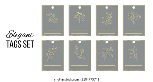 Set of 8 vector elegant gift tags. Labels in gray with gold frames and outline plants. Isolated on white background.