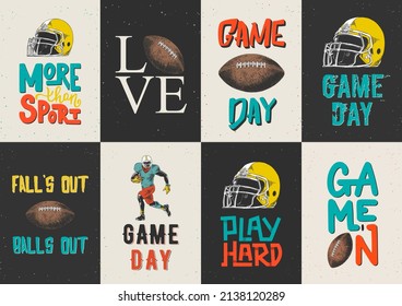 Set of 8 vector engraved style posters, decoration, t-shirt design and print. Hand drawn sketches of American football with modern typography and lettering. Detailed vintage etching style drawing.