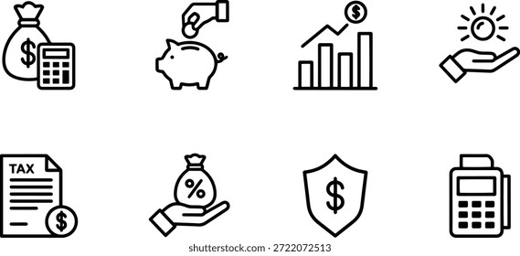 Conjunto de 8 iconos de finanzas de Vector diseño de silueta para conceptos de negocios y dinero