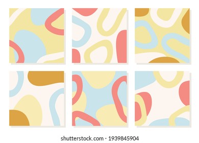 Set of 8 vector gentle pastel simple trendy abstract backgrounds. 2021 collection of modern colors. Isolated palette for design. Boho style, wavy cute shapes. Minimalist hand drawn geometric blanks. 