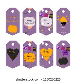 Set of 8 vector halloween gift tags with text.