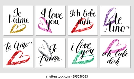 Set of 8 vector "I love you" handwritten cards in different languages with decorative glitter hearts. Template for your design.