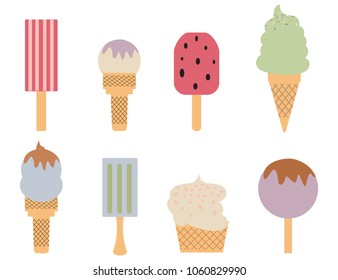 Set of 8 vector ice cream illustrations, isolated on white background