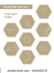 Set of 8 vector icons in beige hexagon for web stores, scrapbooking, bullet journals, blogging, etc. Highlights Stories Icons. Simple tools related vector icons.