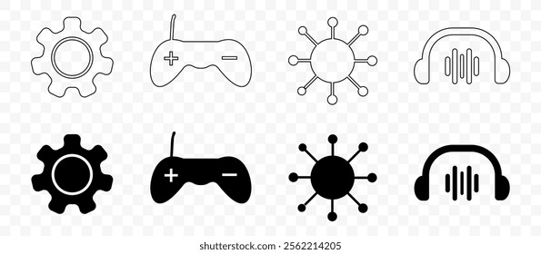 Set of 8 Vector Icons in Black and Outline Style Representing Gears, Gaming, Network, and Audio