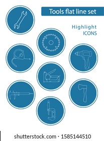 Set of 8 vector icons in blue circle for web stores, scrapbooking, bullet journals, blogging, etc. Highlights Stories Icons. Simple tools related vector icons.