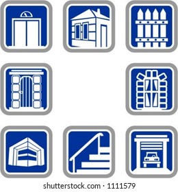 Um conjunto de 8 ícones vetoriais de edifícios.