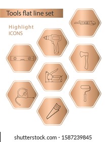 Set of 8 vector icons in gold hexagon for web stores, scrapbooking, bullet journals, blogging, etc. Highlights Stories Icons. Simple tools related vector icons.