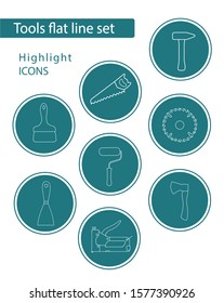 Set of 8 vector icons in green circle for web stores, scrapbooking, bullet journals, blogging, etc. Highlights Stories Icons. Simple tools related vector icons.