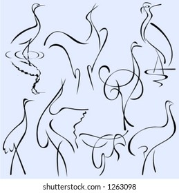 A set of 8 vector illustrations of birds in unique exquisite and ornamental style.