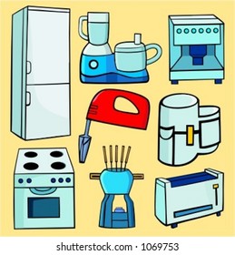 A set of 8 vector illustrations of food processors, toaster, mixer, stoves, fondu and a refrigerator.