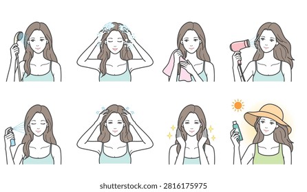 Set of 8 vector illustrations of a woman's hair washing, hair care, and UV protection: shampoo, hair dryer, scalp massage, and straw hat