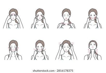 Set of 8 vector illustrations of a woman's targeted facial, scalp, and neck massage techniques: eyes, clavicle, head spa, and neck care