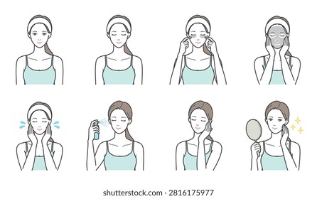 Set of 8 vector illustrations of women's facial care variations: face mask, mist spray, mirror, and expressions