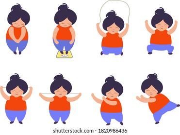 Set of 8 vector images fat Girl exercise body positive