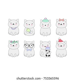 Set of 8 vector kawaii cats, perfect for stickers, patches, etc.