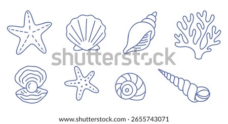 Set of 8 vector marine icons with shells, coral, pearl, conch, starfishes. Blue outline editable vector elements