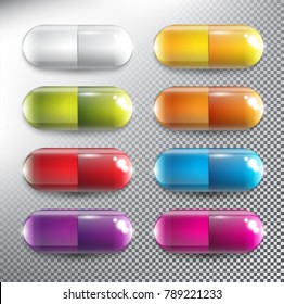 Set of 8 vector medical pills. Capsules in 8 different colors . Isolated and transparent with realistic glass shine and shadow on the light background. Vector illustration. Eps10.