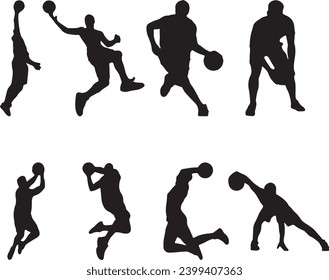 Set of 8 vector nbl male basketball player Silhouette in different poses