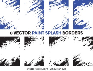 Ensemble de 8 bordures éclaboussures de peinture à l'Image vectorielle en bleu et noir. éléments Abstrait pour le dessin, à trait d'encre grunge. Des images éclaboussures isolées pour les projets pointus.