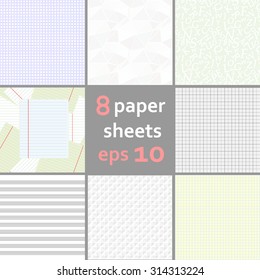 Set of 8 vector paper sheets. Squared paper, linear paper, crumpled paper, music paper, millimeter paper. Backgrounds & textures shop.