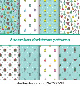 Set of 8 vector seamless doodle patterns with christmas decorations, gifts and snowflakes