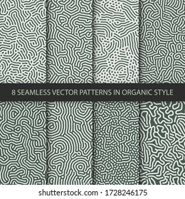 Set of 8 vector seamless organic rounded jumble maze lines patterns in green colors. Abstract backgrounds