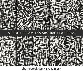 Set of 8 vector seamless organic rounded jumble maze lines patterns in monochrome colors. Abstract backgrounds