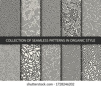 Set of 8 vector seamless organic rounded jumble maze lines patterns in monochrome colors. Abstract backgrounds