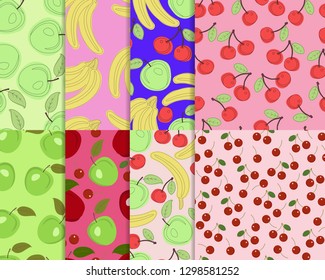Set of 8 vector seamless patterns on the theme of fruits, apples, cherries, bananas for decoration, scrapbooking, packaging, design, fabrics