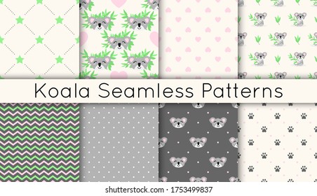 Set of 8 vector seamless patterns with cute koalas, eucalyptus branches, stars, hearts, zigzags. Collection of backgrounds in naive cartoon doodle with australian bear.