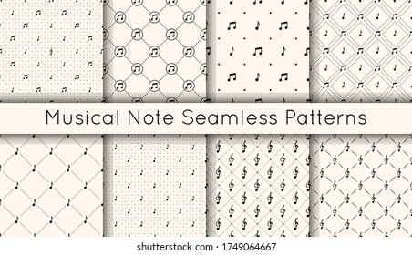 Set of 8 vector seamless retro pattern with different musical note icons, treble clef and polka dot. Various musical symbols background. Repeatable texture for prints, wrapping paper, textile