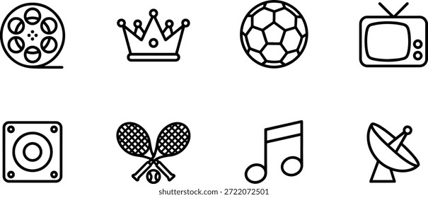 Ein Satz von 8 Vektor Silhouette Icons Bundle einschließlich Film Krone Fußball Ball TV Lautsprecher Badminton Musik Note Satelliten-Design