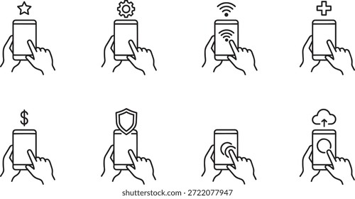 Un conjunto de 8 íconos de silueta de Vector que muestran a las personas usando teléfonos móviles de varias maneras