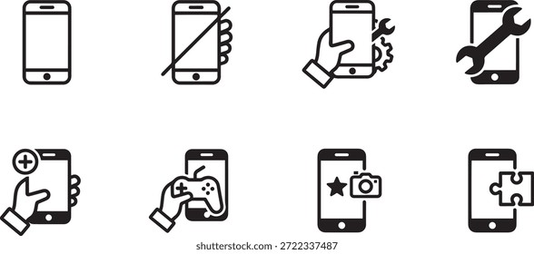 Ein Satz von 8 Vektor-Silhouette-Symbole, die Mobiltelefone mit verschiedenen Reparatur- und Wartungstools darstellen